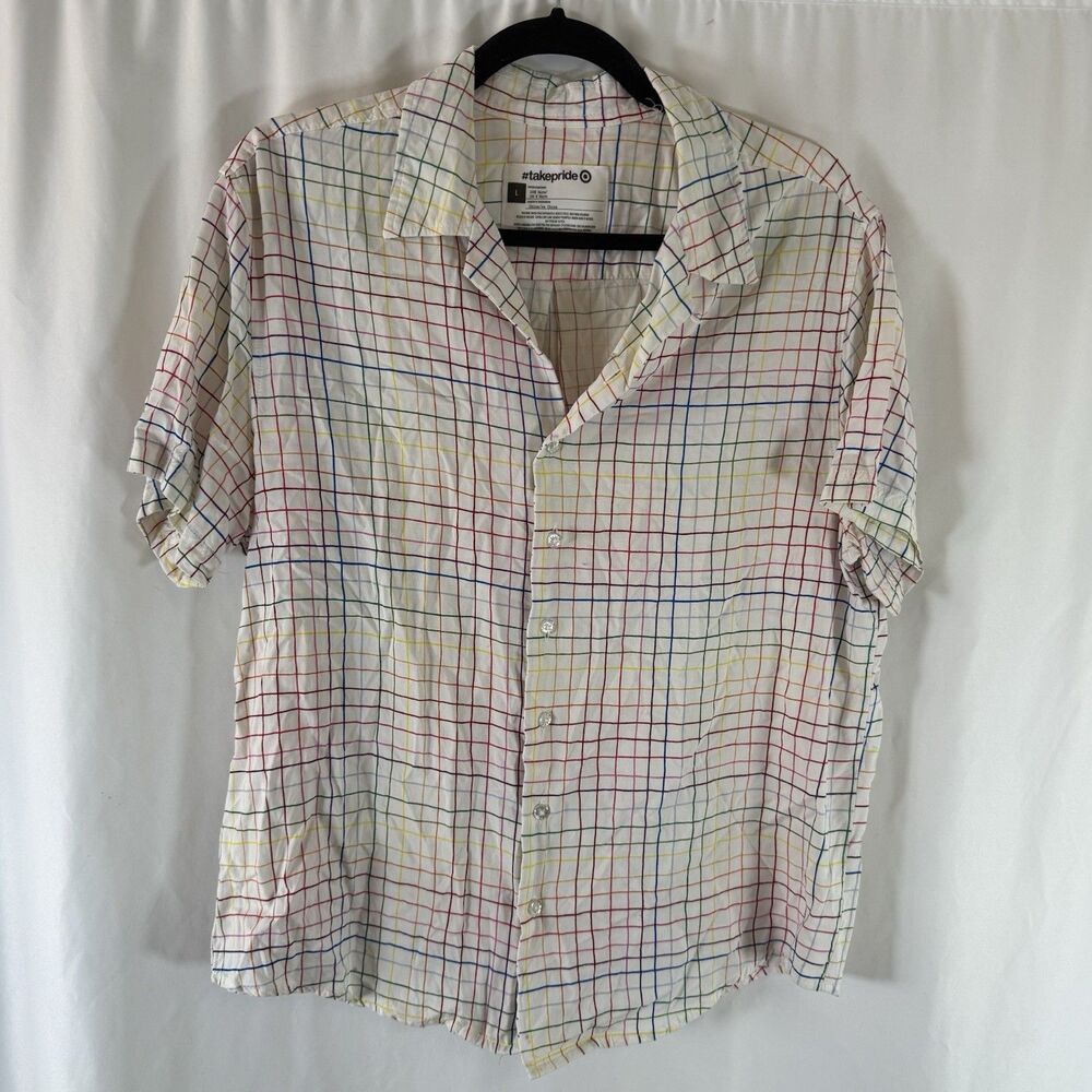Target Pride Shirt Women's Large White Plaid Button Up Short Sleeve Collared